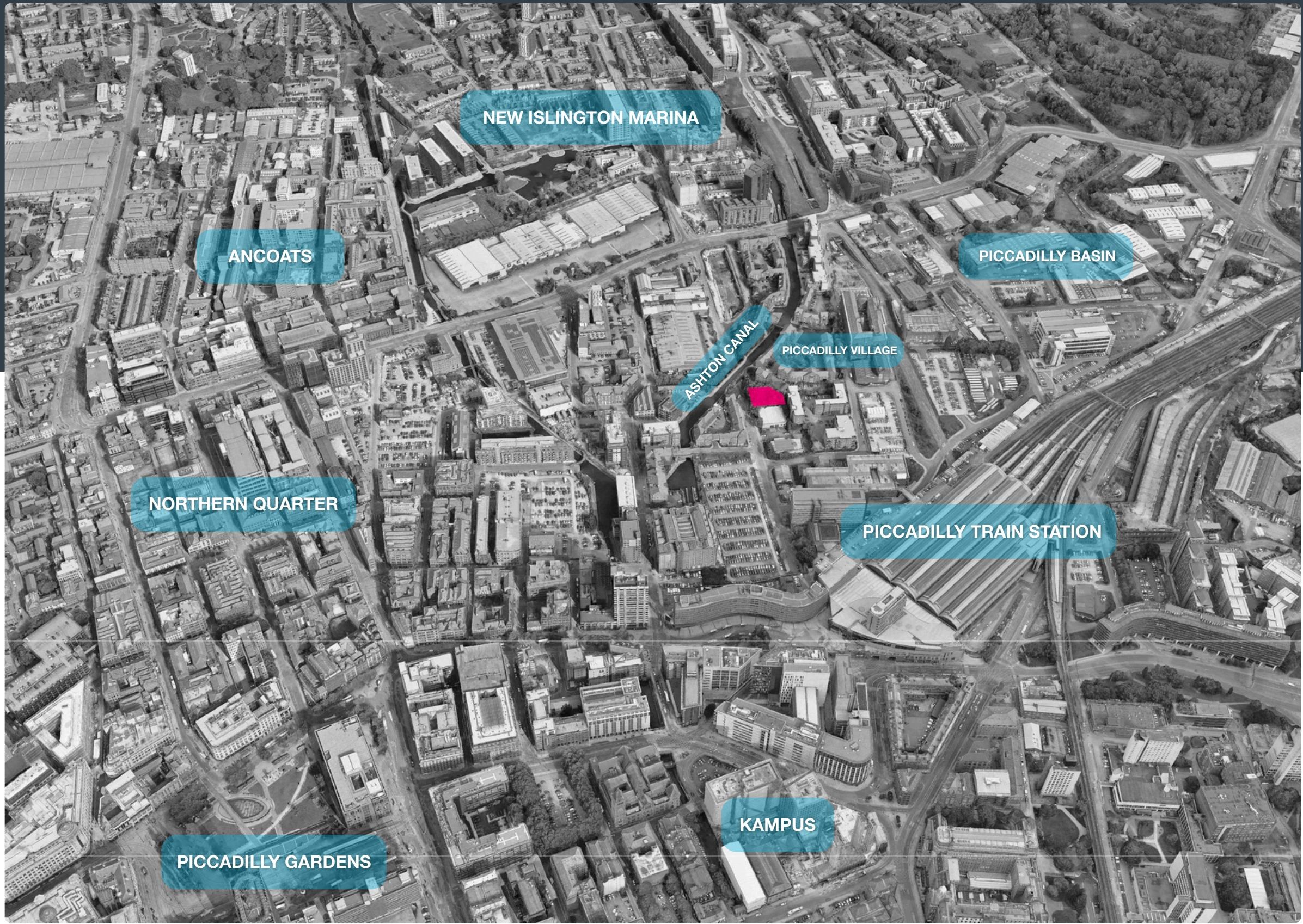 The site in context — New Islington Marina, Piccadilly Station and Piccadilly Gardens